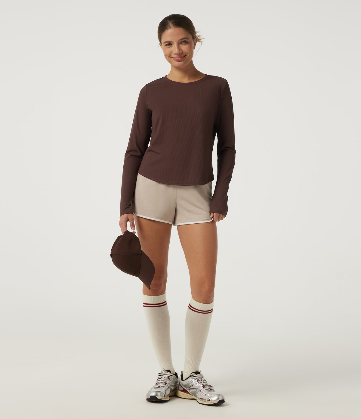 Round Neck Long Sleeve Cut Out Curved Hem InstantCool Running Sports Top — Bitter Chocolate — view 7