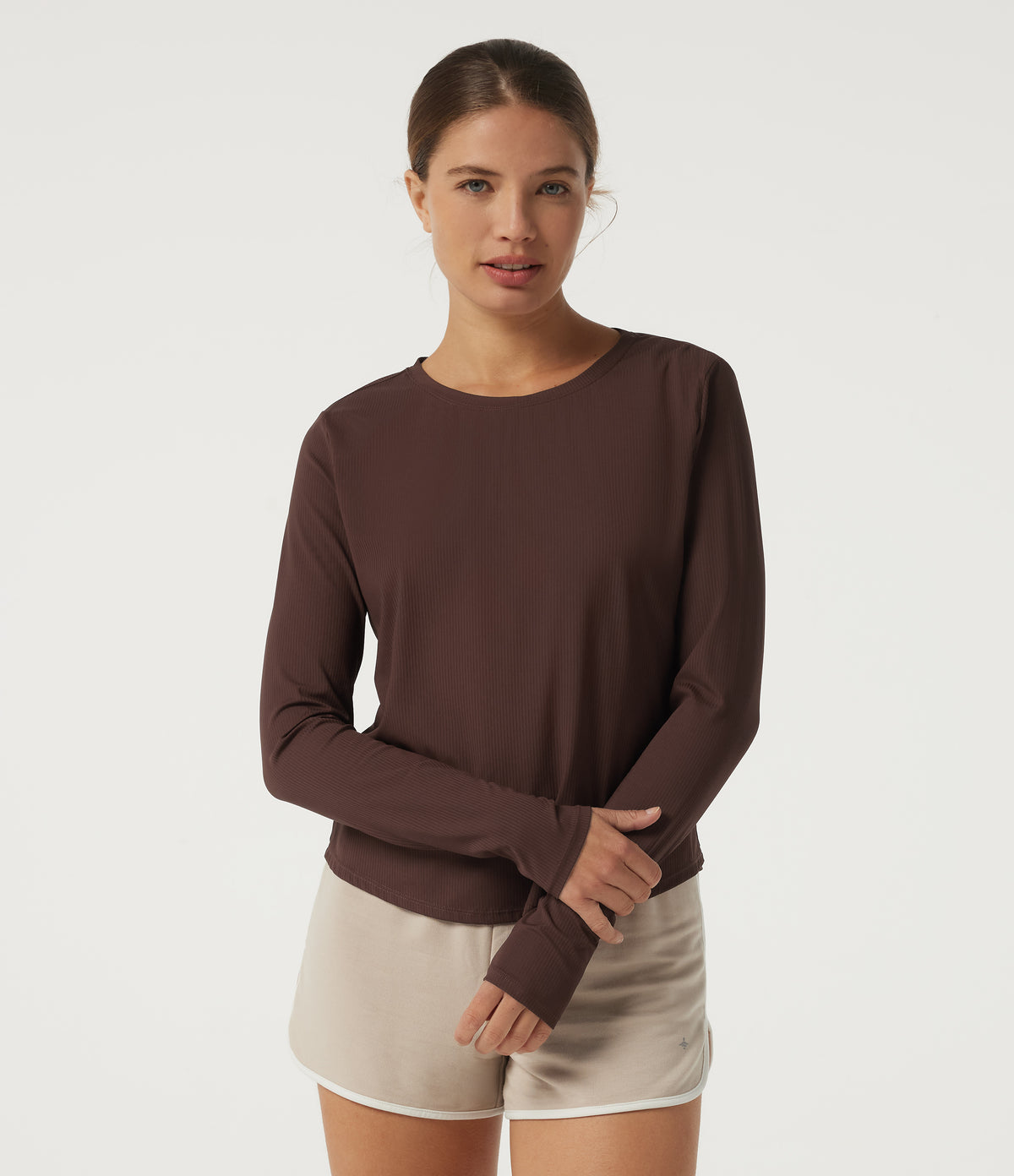 Round Neck Long Sleeve Cut Out Curved Hem InstantCool Running Sports Top — Bitter Chocolate — view 4
