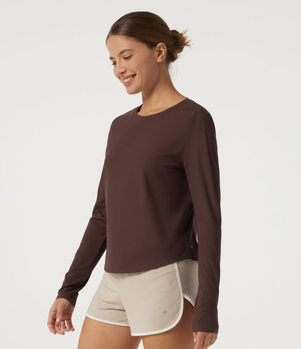 Round Neck Long Sleeve Cut Out Curved Hem InstantCool Running Sports Top — Bitter Chocolate — view 3