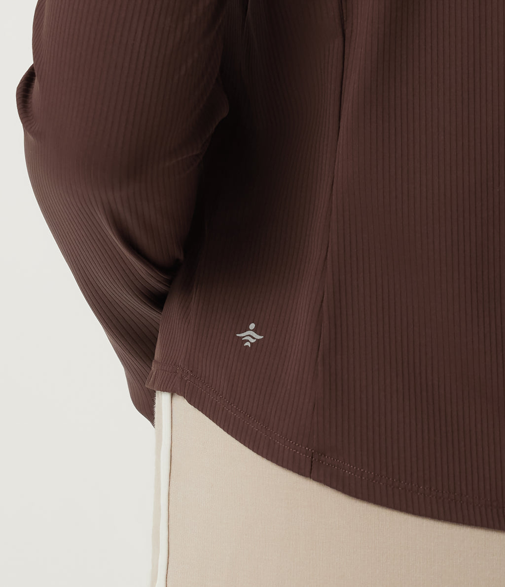 Round Neck Long Sleeve Cut Out Curved Hem InstantCool Running Sports Top — Bitter Chocolate — view 6