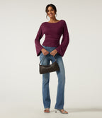 Ribbed Boat Neck Flounce Long Sleeve Ruched Casual Top — Maroon Banner — view 7