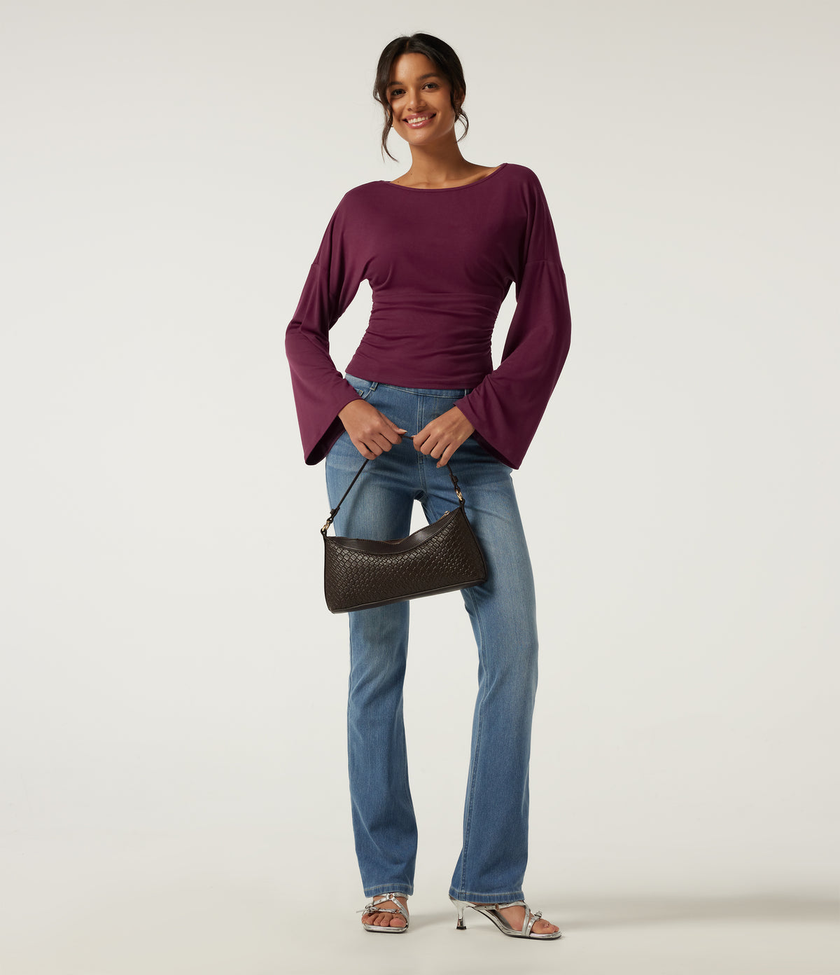 Ribbed Boat Neck Flounce Long Sleeve Ruched Casual Top — Maroon Banner — view 7