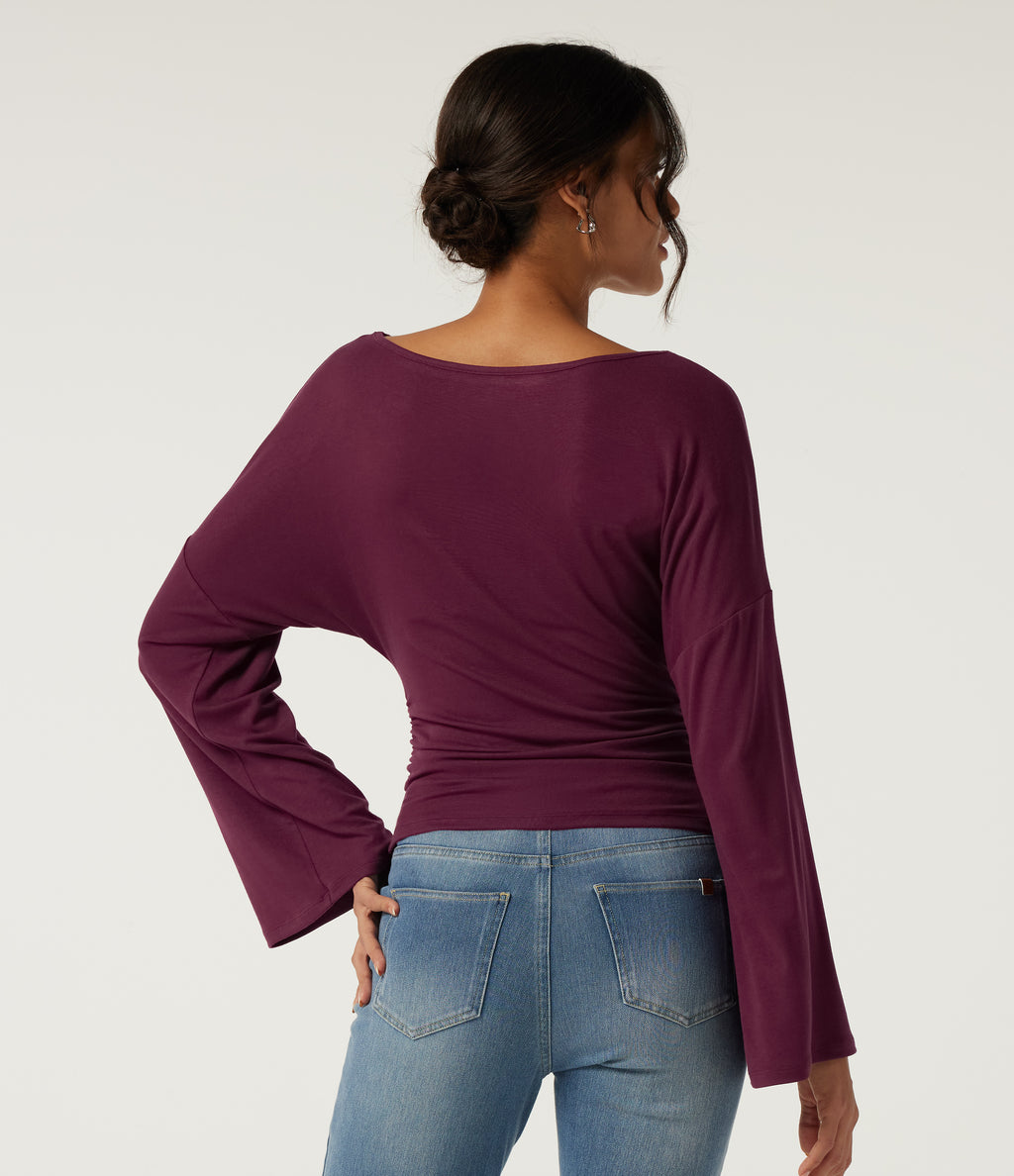 Ribbed Boat Neck Flounce Long Sleeve Ruched Casual Top — Maroon Banner — view 2