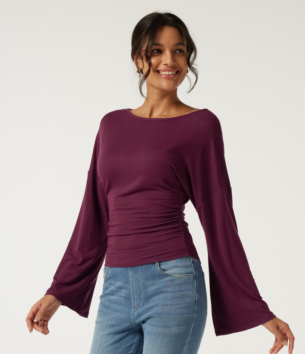 Ribbed Boat Neck Flounce Long Sleeve Ruched Casual Top — Maroon Banner — view 3