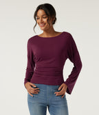 Ribbed Boat Neck Flounce Long Sleeve Ruched Casual Top — Maroon Banner — view 4