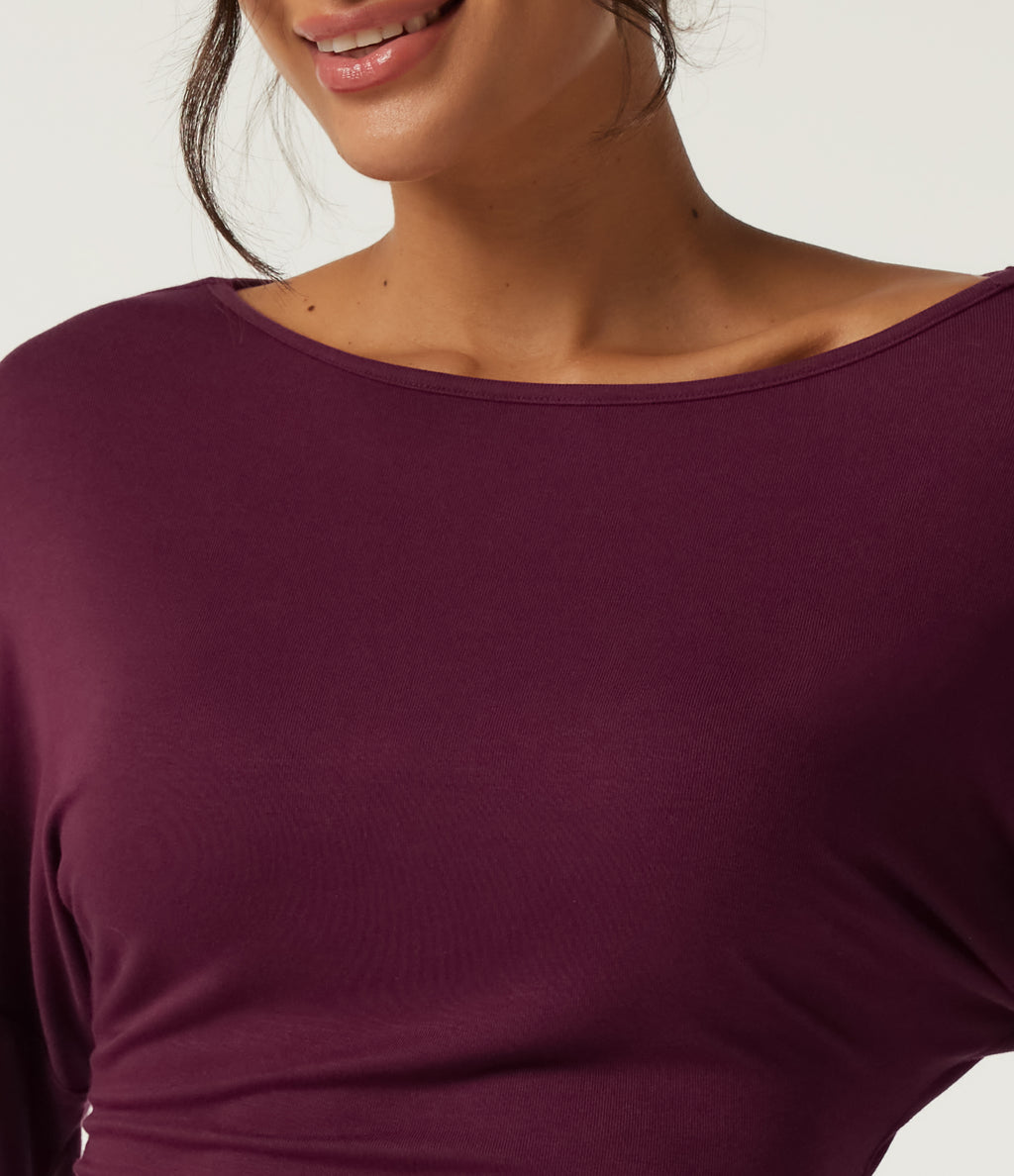 Ribbed Boat Neck Flounce Long Sleeve Ruched Casual Top — Maroon Banner — view 6