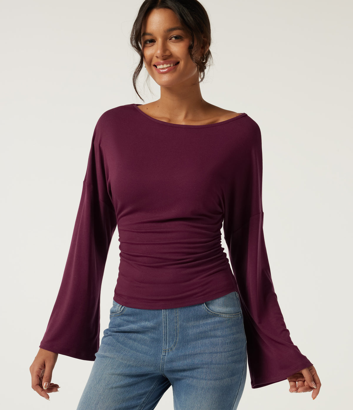 Ribbed Boat Neck Flounce Long Sleeve Ruched Casual Top — Maroon Banner — view 1