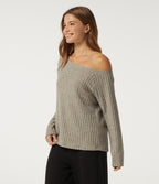 Ribbed Knit One Shoulder Long Sleeve Built-in Bra Asymmetric Lounge Top — Warm Grey Floral Velvet — view 3