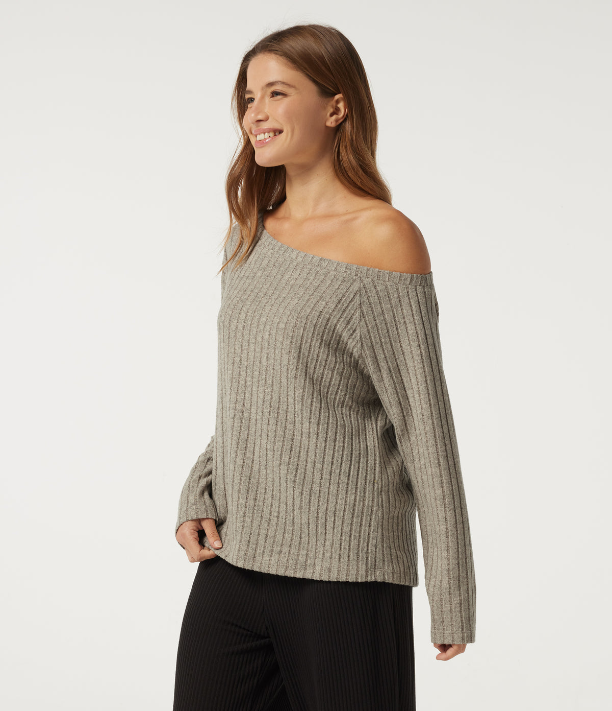 Ribbed Knit One Shoulder Long Sleeve Built-in Bra Asymmetric Lounge Top — Warm Grey Floral Velvet — view 3
