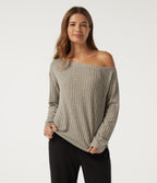 Ribbed Knit One Shoulder Long Sleeve Built-in Bra Asymmetric Lounge Top — Warm Grey Floral Velvet — view 4