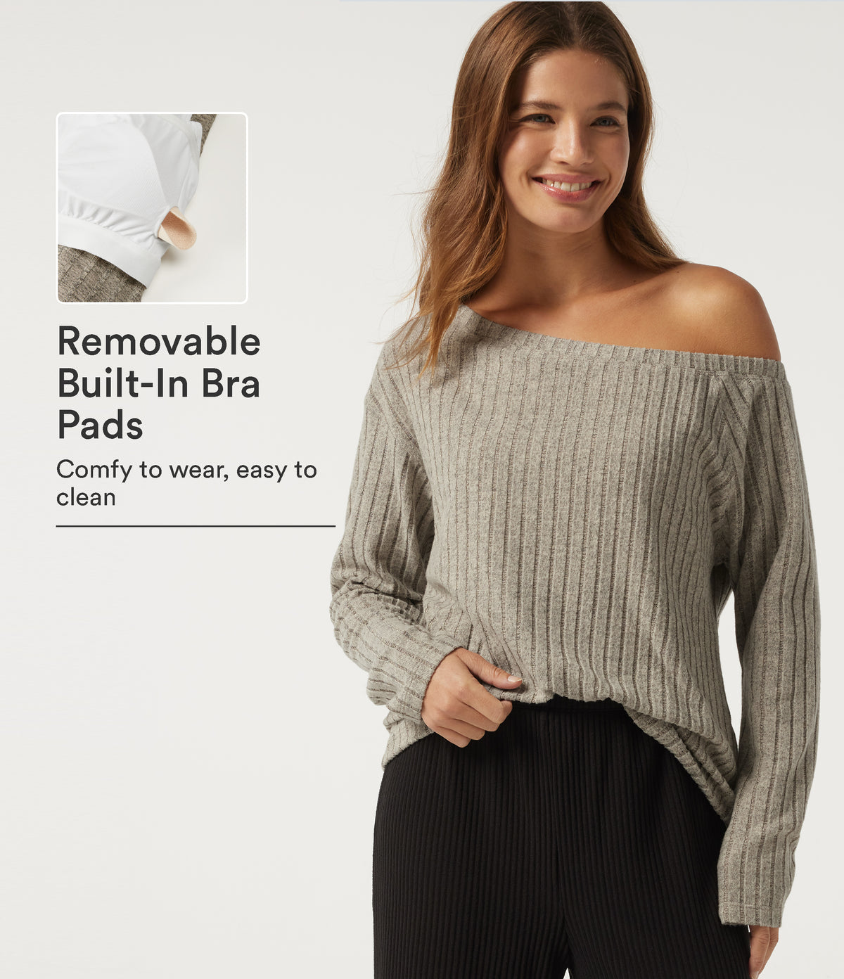 Ribbed Knit One Shoulder Long Sleeve Built-in Bra Asymmetric Lounge Top — Warm Grey Floral Velvet — view 1