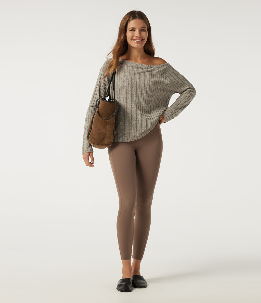 Ribbed Knit One Shoulder Long Sleeve Built-in Bra Asymmetric Lounge Top — Warm Grey Floral Velvet — view 8