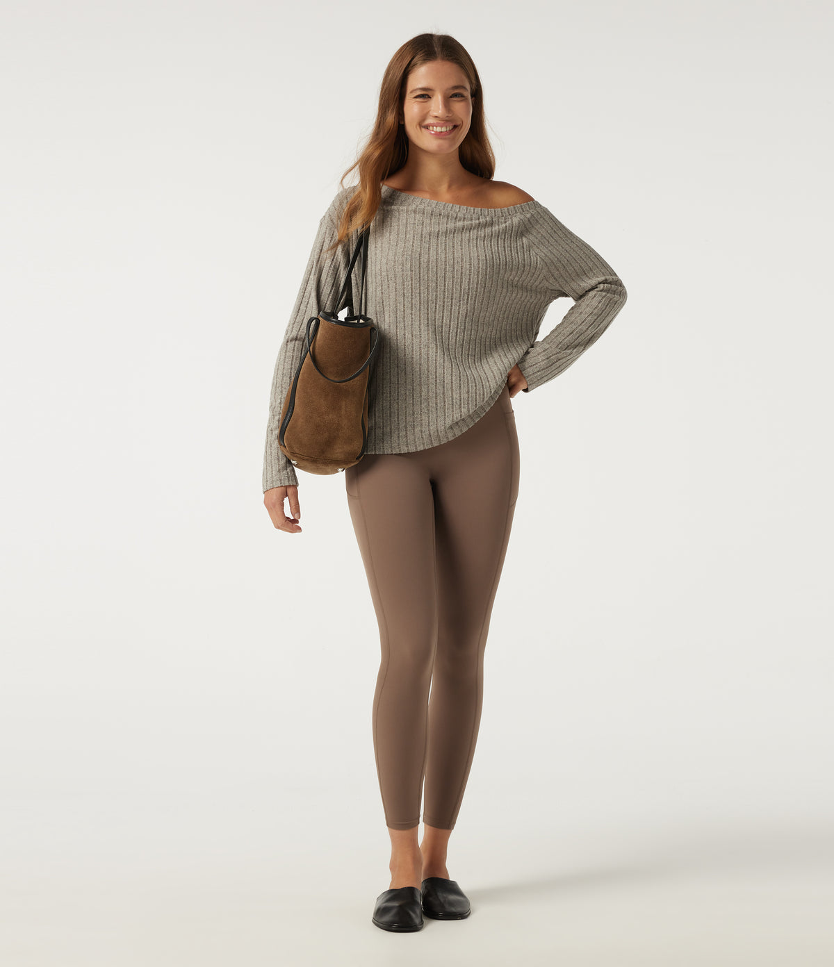 Ribbed Knit One Shoulder Long Sleeve Built-in Bra Asymmetric Lounge Top — Warm Grey Floral Velvet — view 8