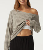 Ribbed Knit One Shoulder Long Sleeve Built-in Bra Asymmetric Lounge Top — Warm Grey Floral Velvet — view 7