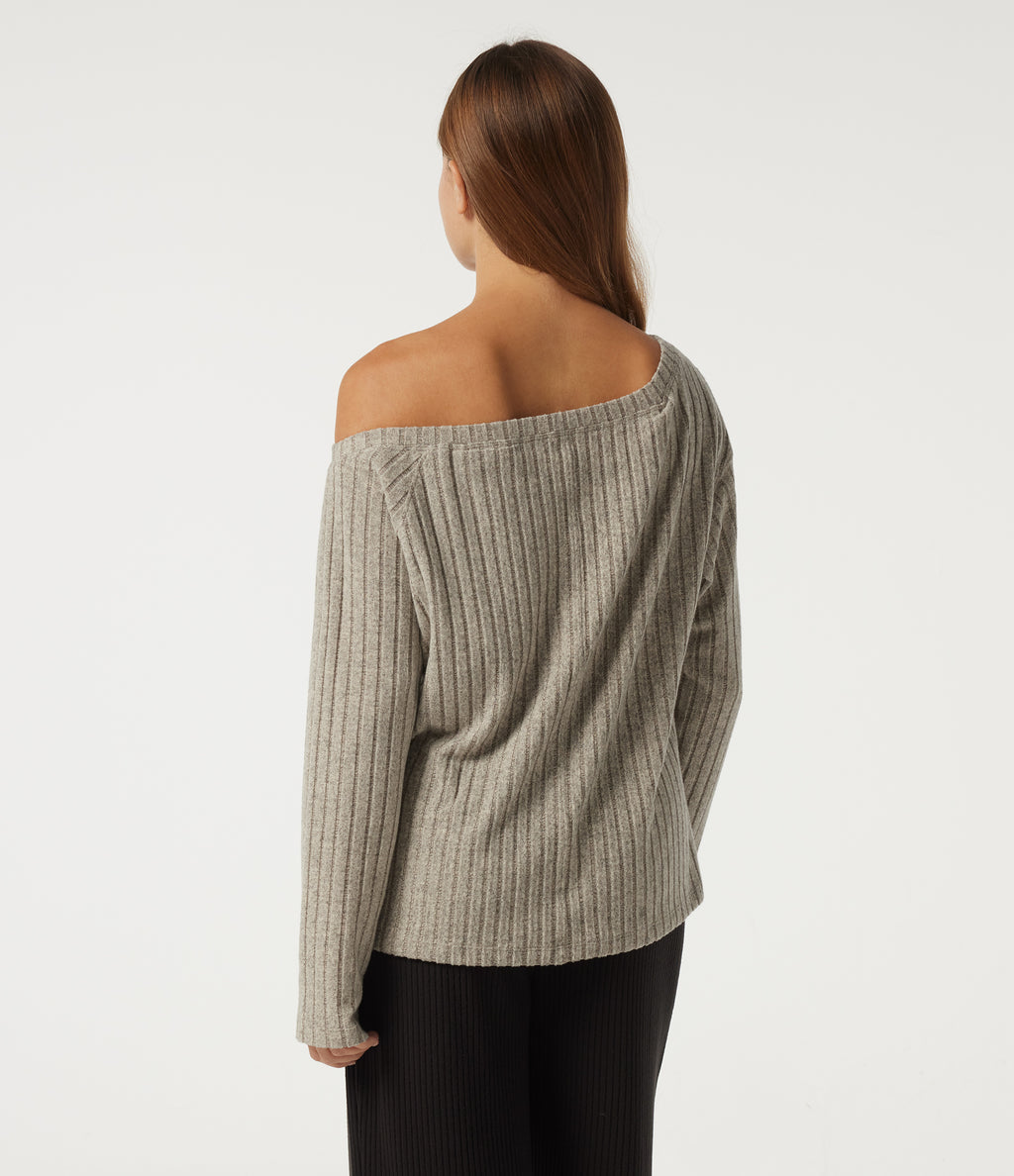 Ribbed Knit One Shoulder Long Sleeve Built-in Bra Asymmetric Lounge Top — Warm Grey Floral Velvet — view 2