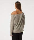 Ribbed Knit One Shoulder Long Sleeve Built-in Bra Asymmetric Lounge Top — Warm Grey Floral Velvet — view 2