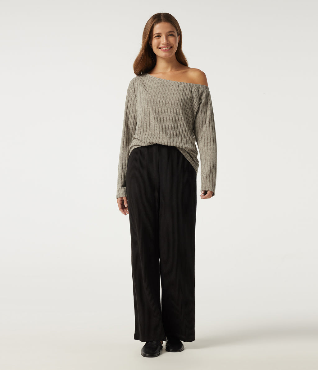 Ribbed Knit One Shoulder Long Sleeve Built-in Bra Asymmetric Lounge Top — Warm Grey Floral Velvet — view 5