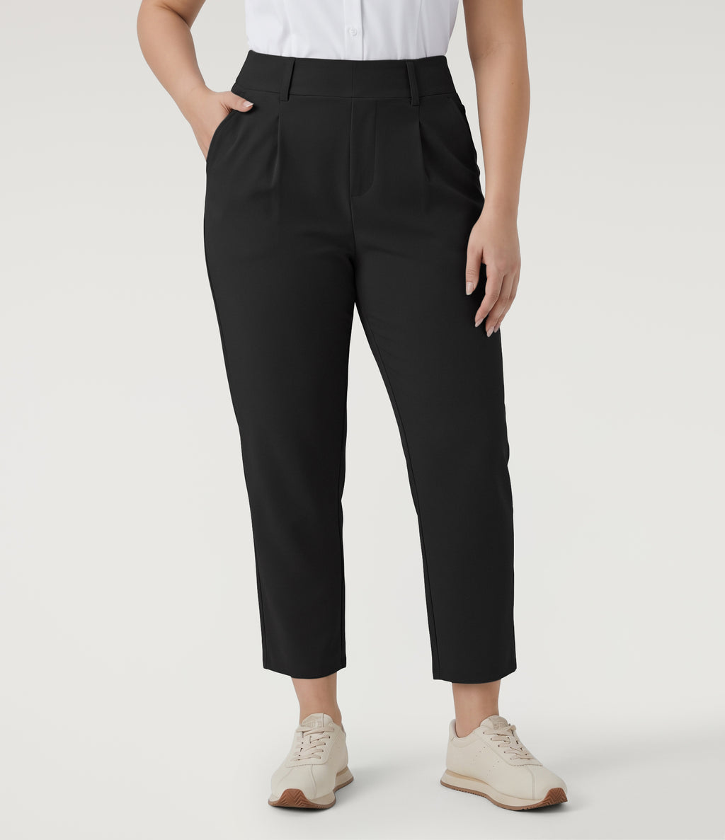 Plus Size High Waisted Tapered Crepe Golf Trousers with Pockets — Black — view 6