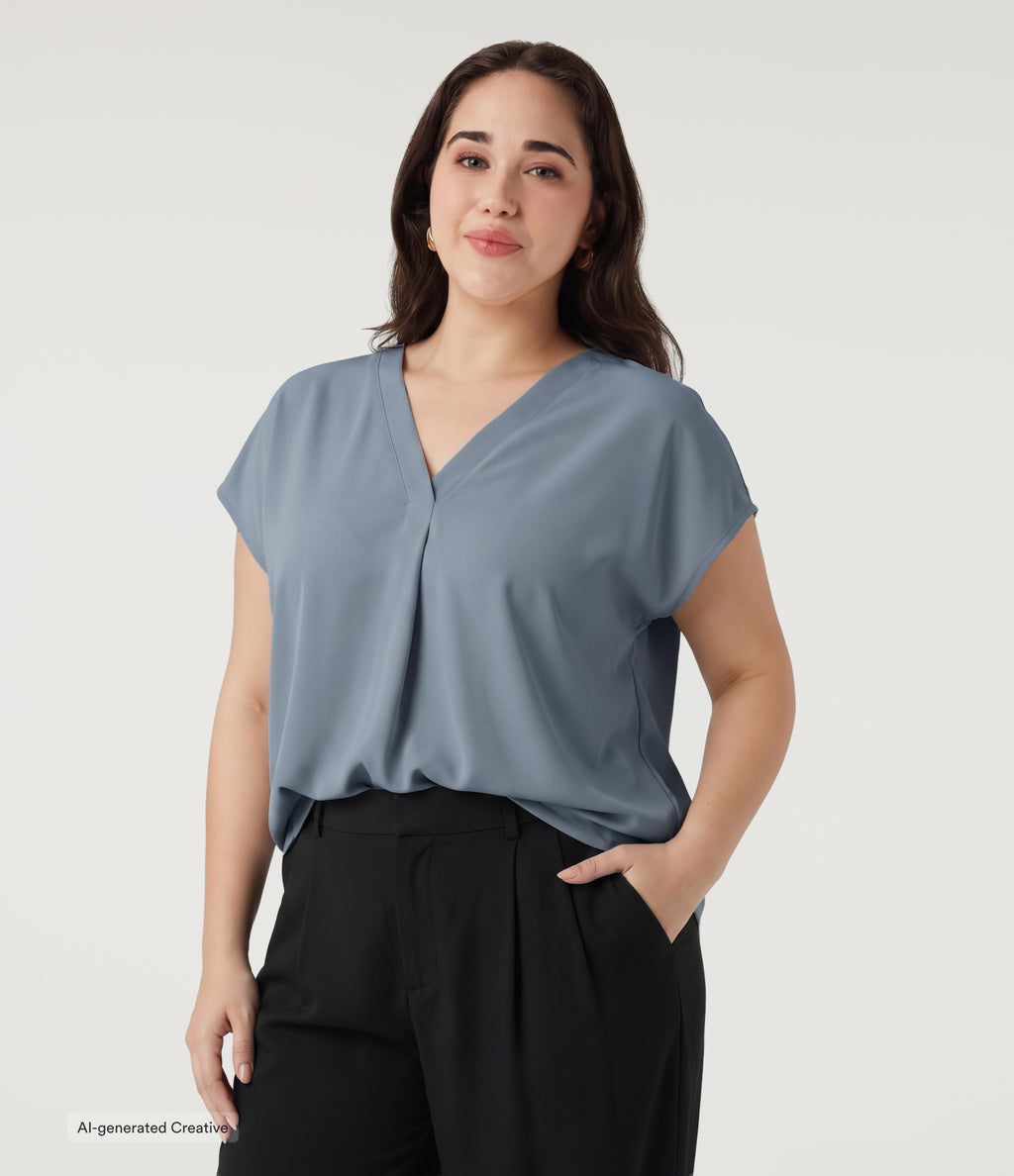 Plus Size Wrinkle Recovery V Neck Short Sleeve Work Blouse — Mountain Spring — view 3