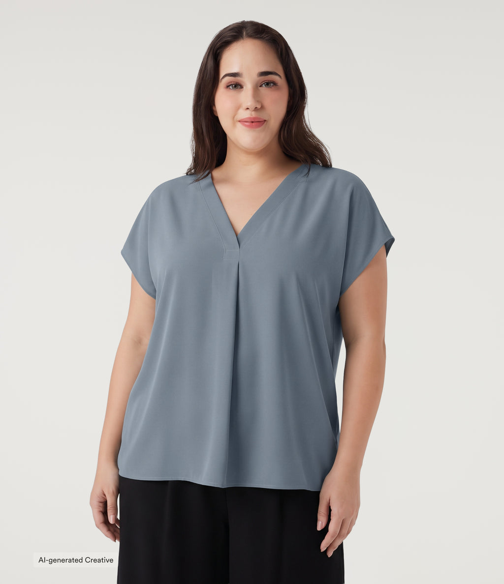 Plus Size Wrinkle Recovery V Neck Short Sleeve Work Blouse — Mountain Spring — view 4