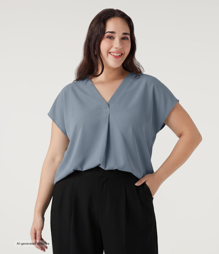 Plus Size Wrinkle Recovery V Neck Short Sleeve Work Blouse — Mountain Spring — view 1