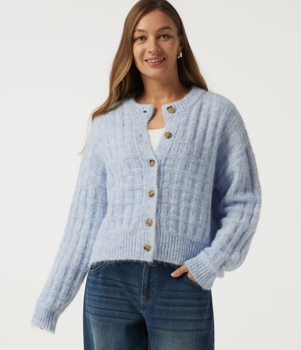 Round Neck Long Sleeve Casual Cardigan — Niagara Mist — view 4