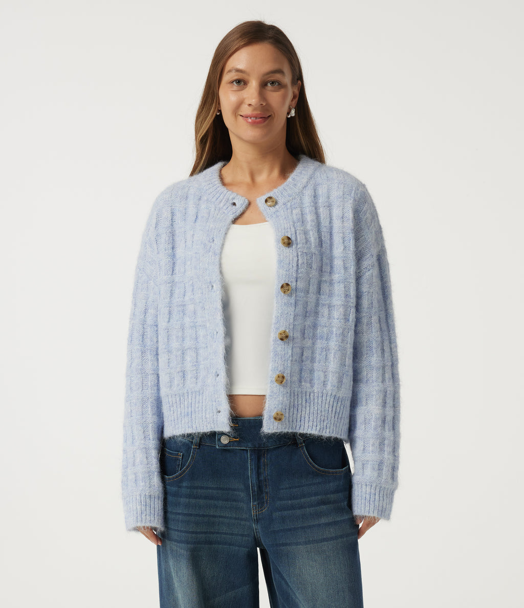 Round Neck Long Sleeve Casual Cardigan — Niagara Mist — view 1