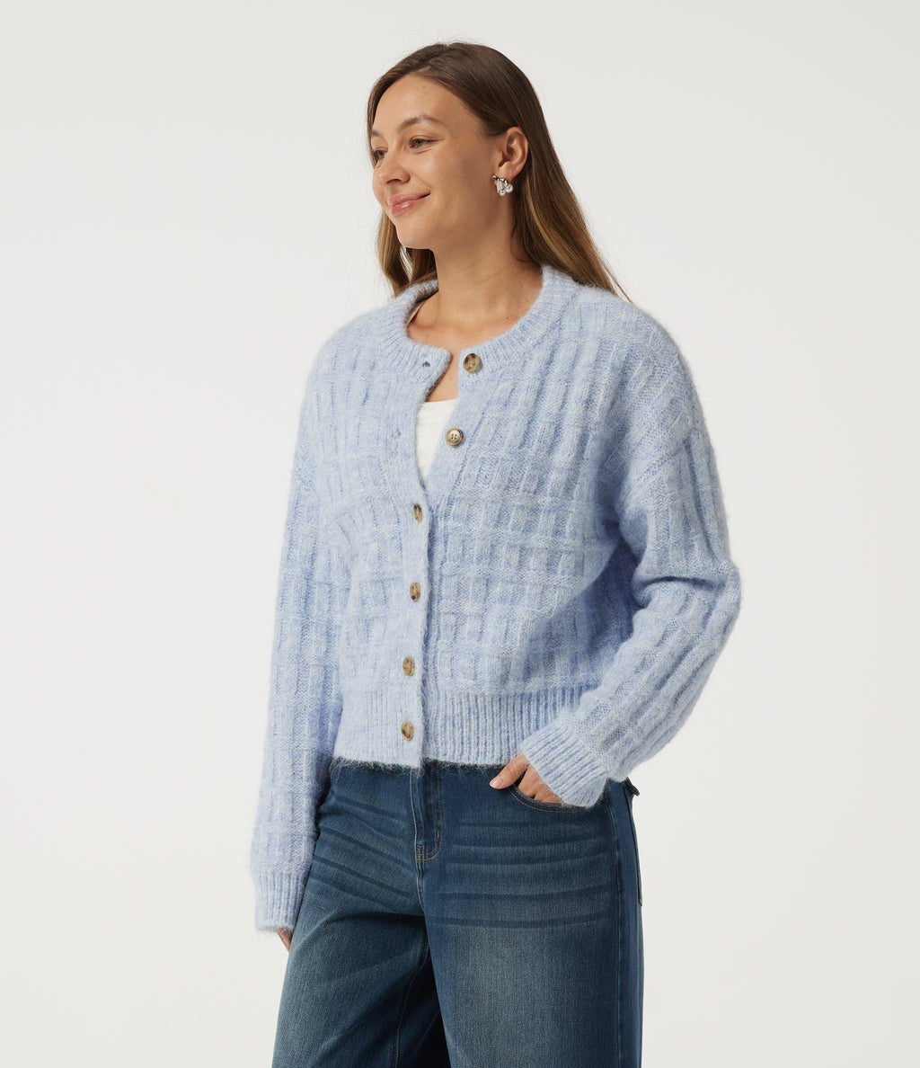 Round Neck Long Sleeve Casual Cardigan — Niagara Mist — view 3