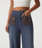 High Waisted Straight Leg Casual Jeans with Pockets — Estate Blue Denim — view 4