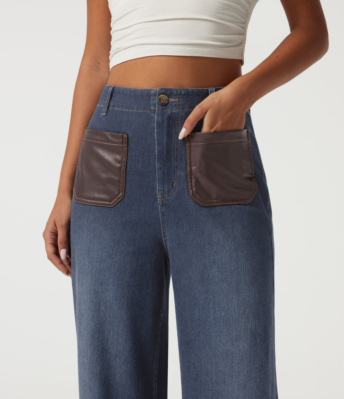 High Waisted Straight Leg Casual Jeans with Pockets — Estate Blue Denim — view 4