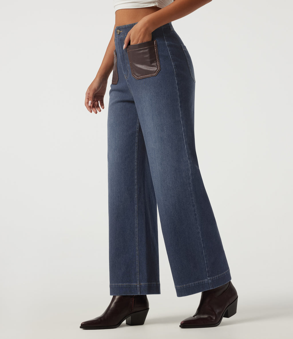 High Waisted Straight Leg Casual Jeans with Pockets — Estate Blue Denim — view 1