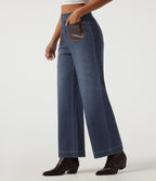 High Waisted Straight Leg Casual Jeans with Pockets — Estate Blue Denim — view 1