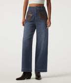 High Waisted Straight Leg Casual Jeans with Pockets — Estate Blue Denim — view 3