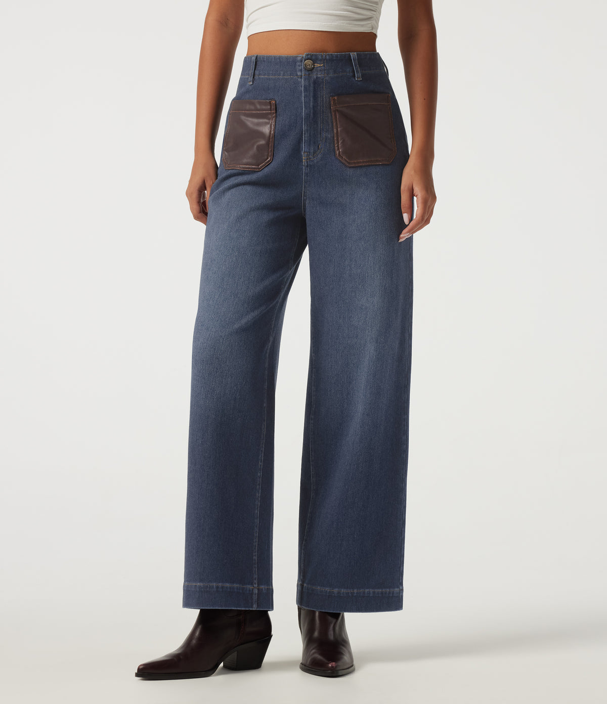 High Waisted Straight Leg Casual Jeans with Pockets — Estate Blue Denim — view 3