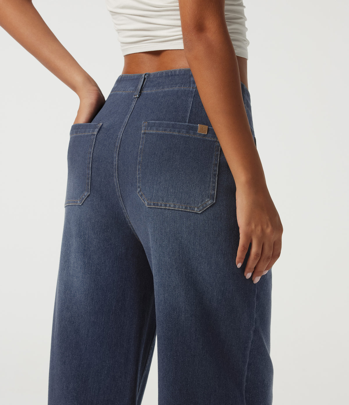 High Waisted Straight Leg Casual Jeans with Pockets — Estate Blue Denim — view 5