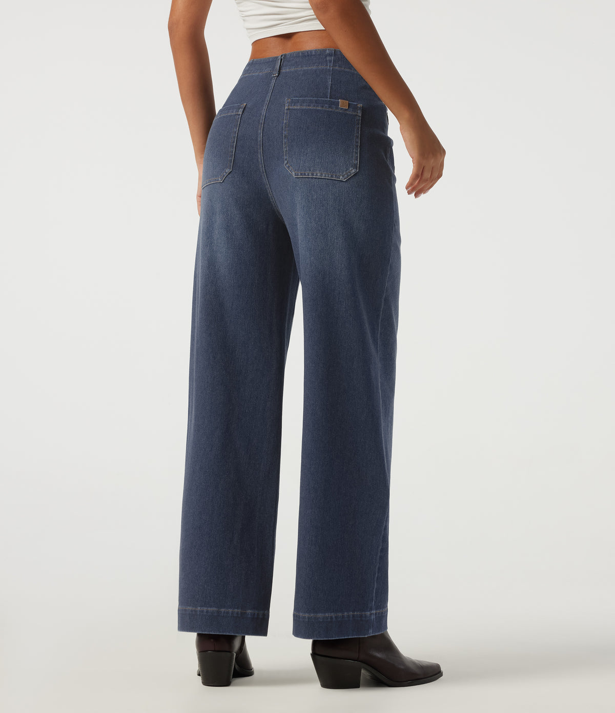High Waisted Straight Leg Casual Jeans with Pockets — Estate Blue Denim — view 2