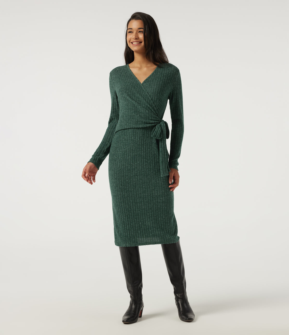 Ribbed Knit V Neck Long Sleeve Work Bodycon Midi Dress — Mottled Greenlake — view 1