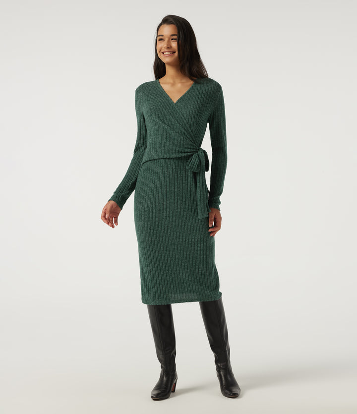 Ribbed Knit V Neck Long Sleeve Work Bodycon Midi Dress — Mottled Greenlake — view 1