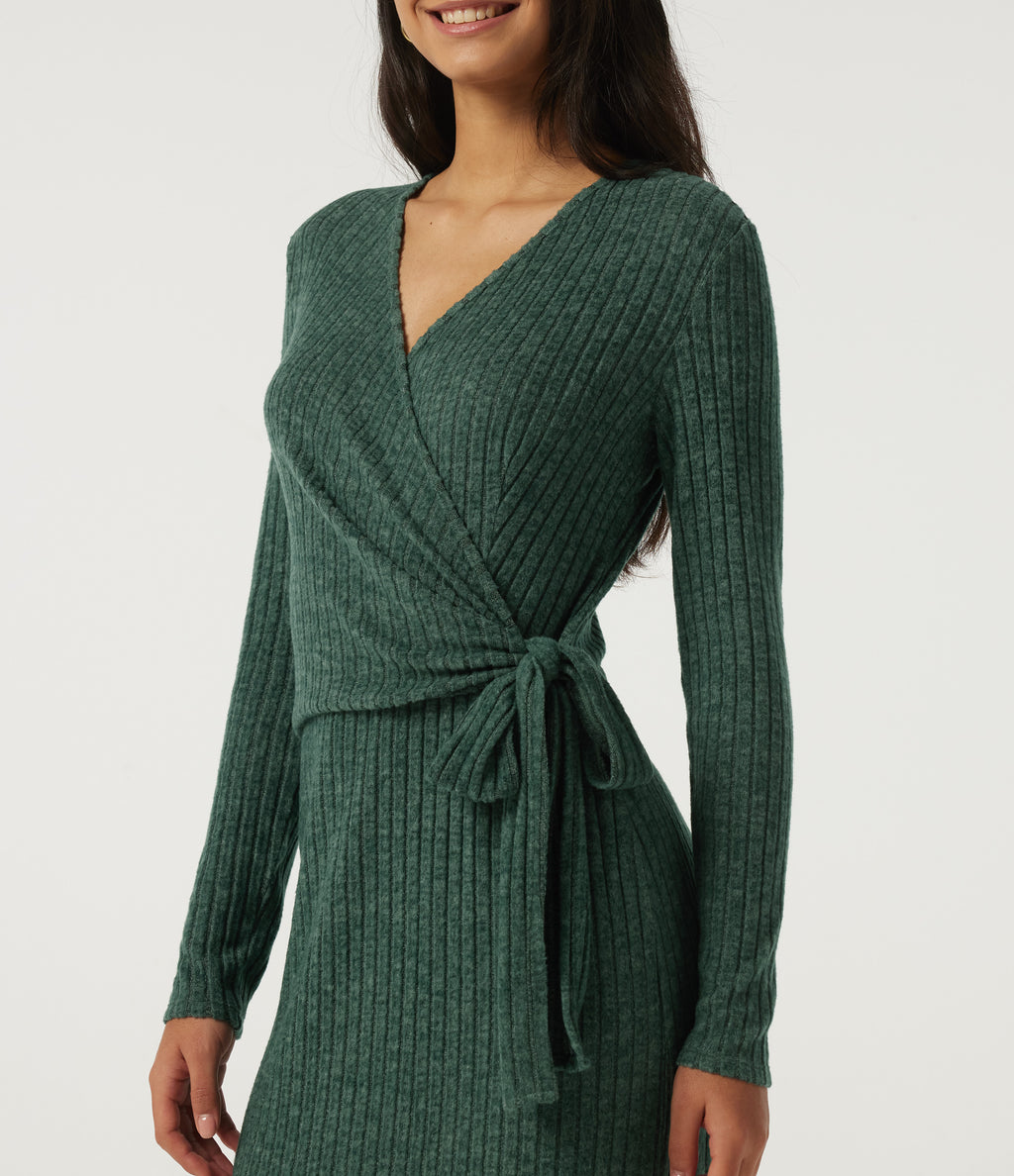 Ribbed Knit V Neck Long Sleeve Work Bodycon Midi Dress — Mottled Greenlake — view 4