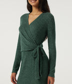 Ribbed Knit V Neck Long Sleeve Work Bodycon Midi Dress — Mottled Greenlake — view 4