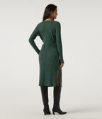 Ribbed Knit V Neck Long Sleeve Work Bodycon Midi Dress — Mottled Greenlake — view 2