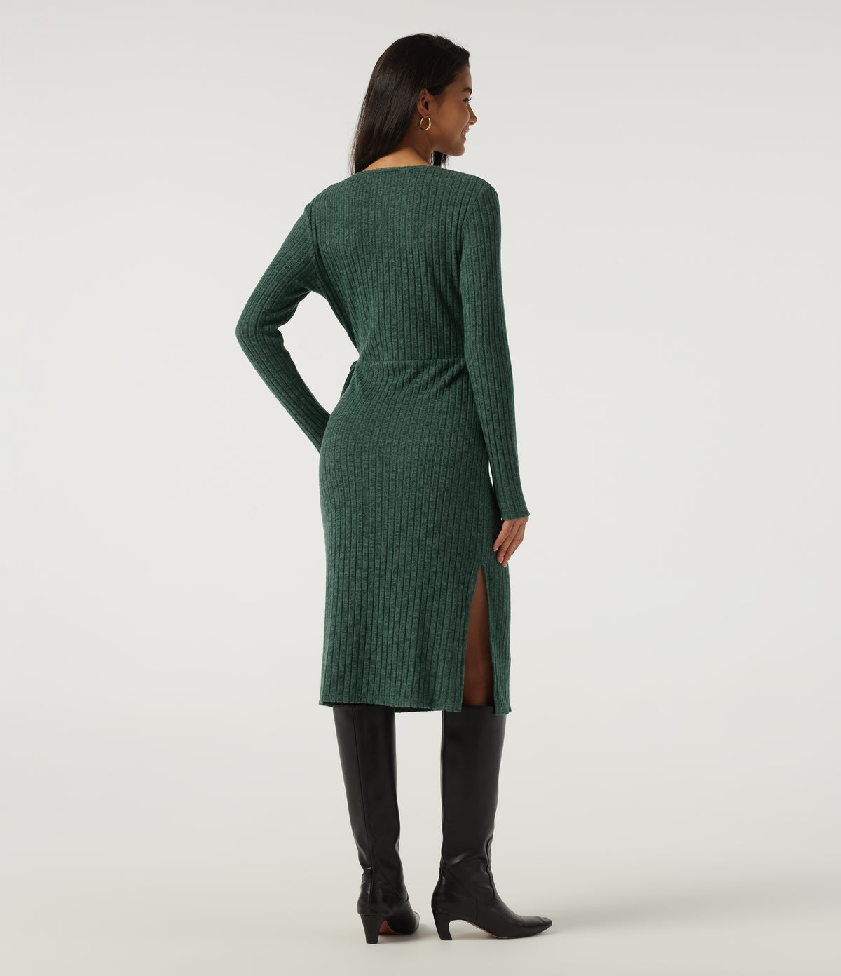 Ribbed Knit V Neck Long Sleeve Work Bodycon Midi Dress — Mottled Greenlake — view 2