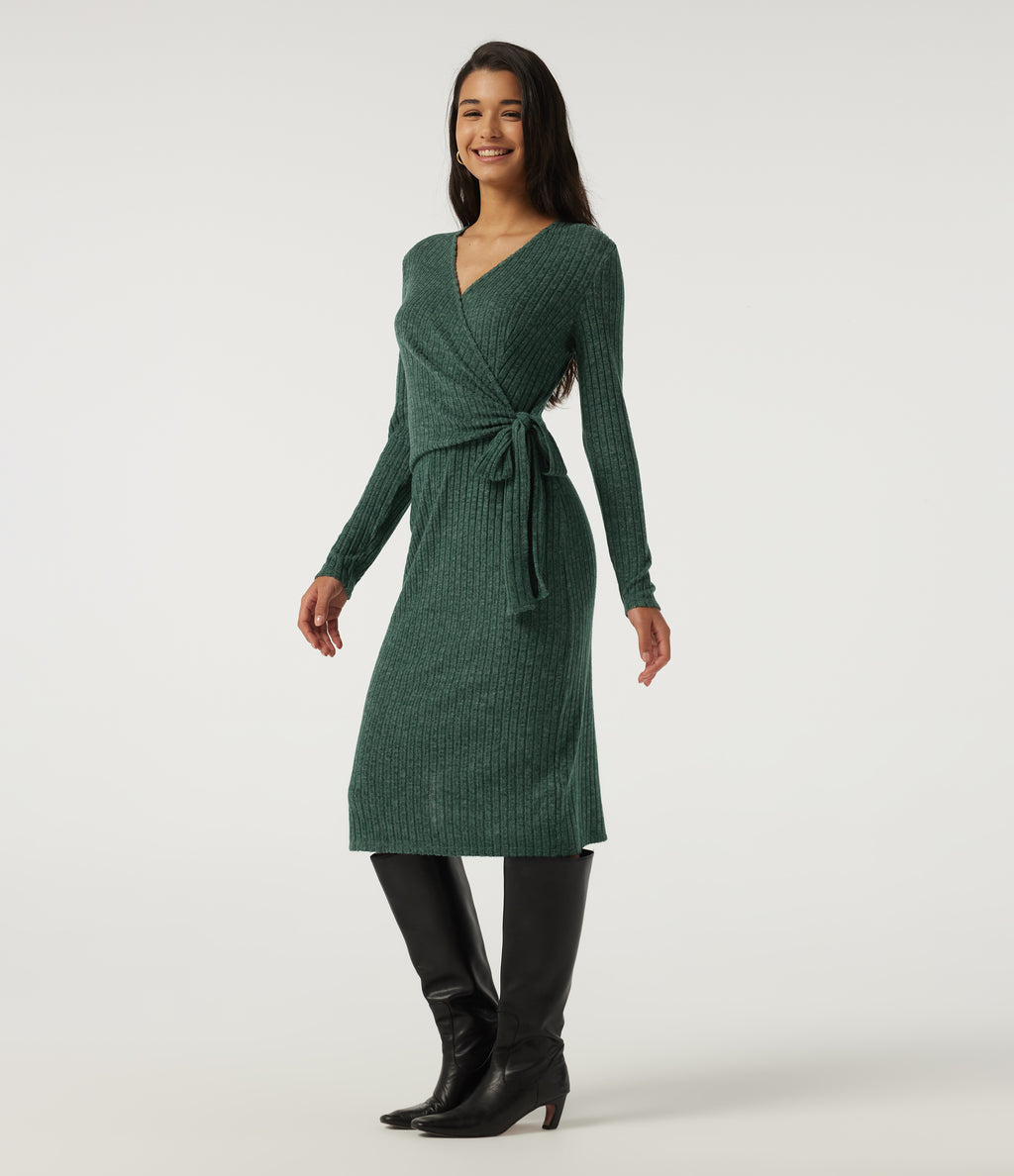 Ribbed Knit V Neck Long Sleeve Work Bodycon Midi Dress — Mottled Greenlake — view 3
