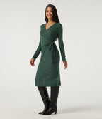 Ribbed Knit V Neck Long Sleeve Work Bodycon Midi Dress — Mottled Greenlake — view 3