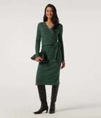 Ribbed Knit V Neck Long Sleeve Work Bodycon Midi Dress — Mottled Greenlake — view 6
