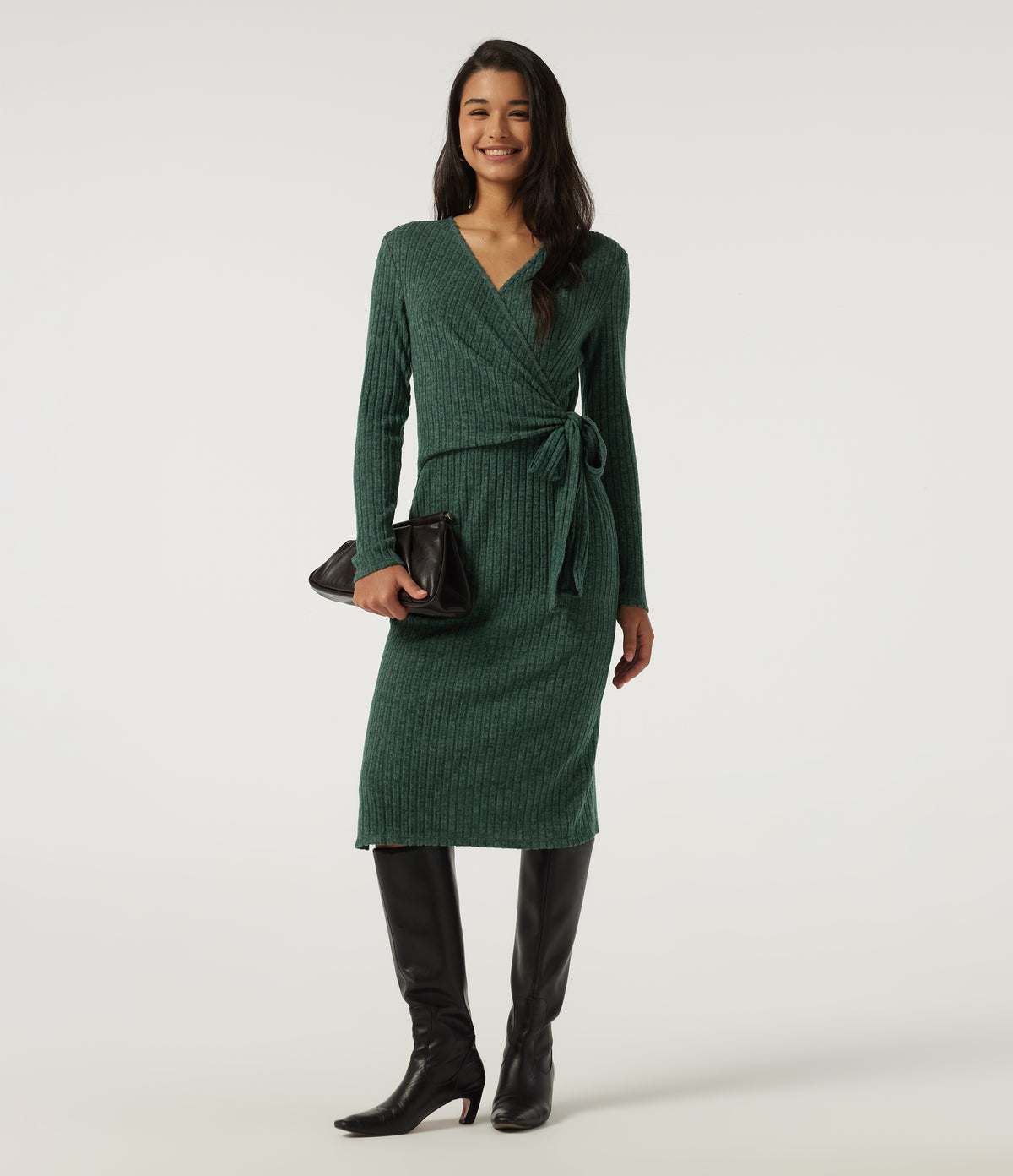 Ribbed Knit V Neck Long Sleeve Work Bodycon Midi Dress — Mottled Greenlake — view 6