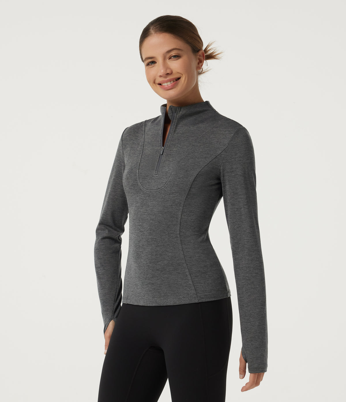 Mock Neck Long Sleeve Yoga Sports Top — Dusky Charcoal — view 3