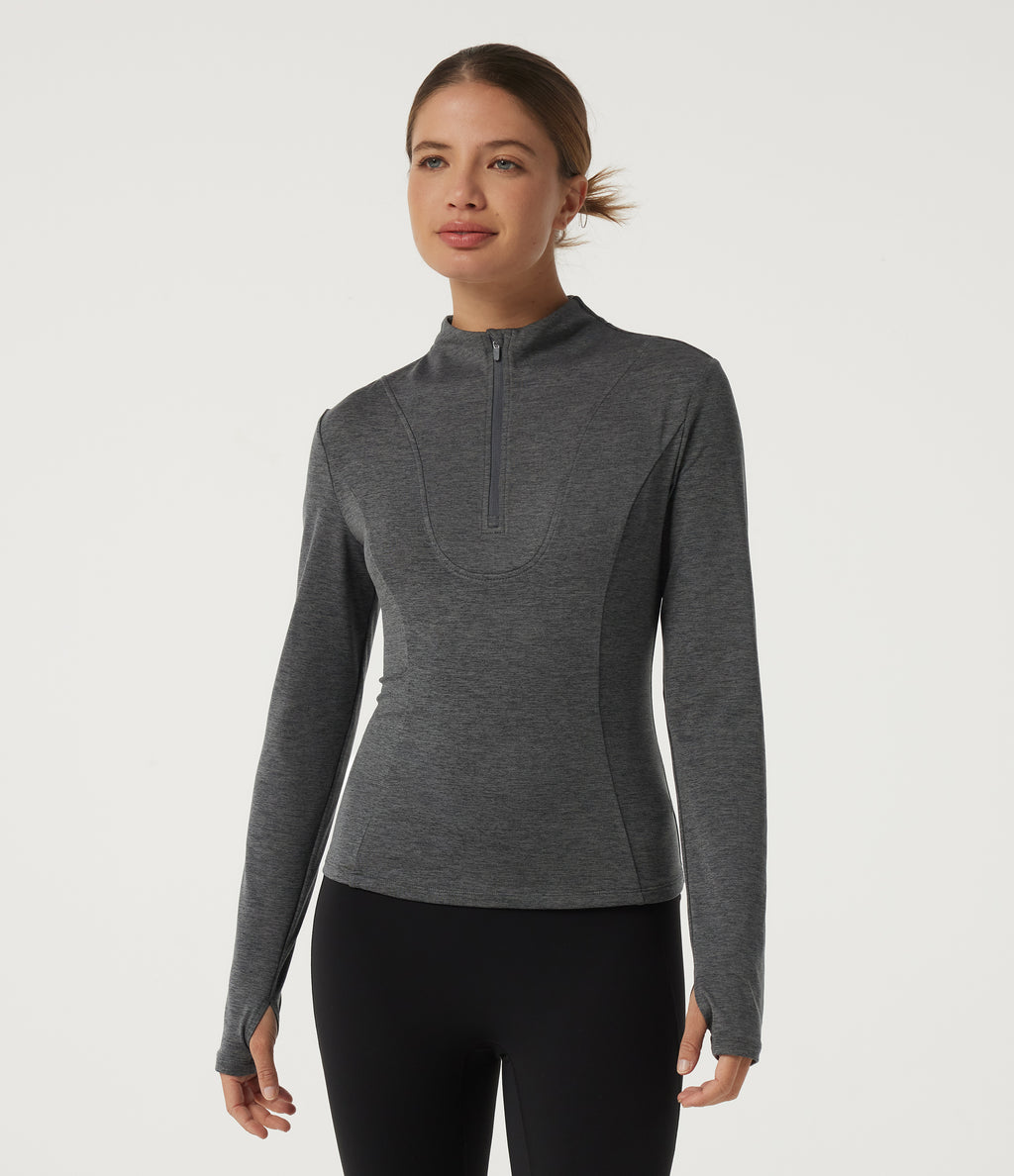 Mock Neck Long Sleeve Yoga Sports Top — Dusky Charcoal — view 4