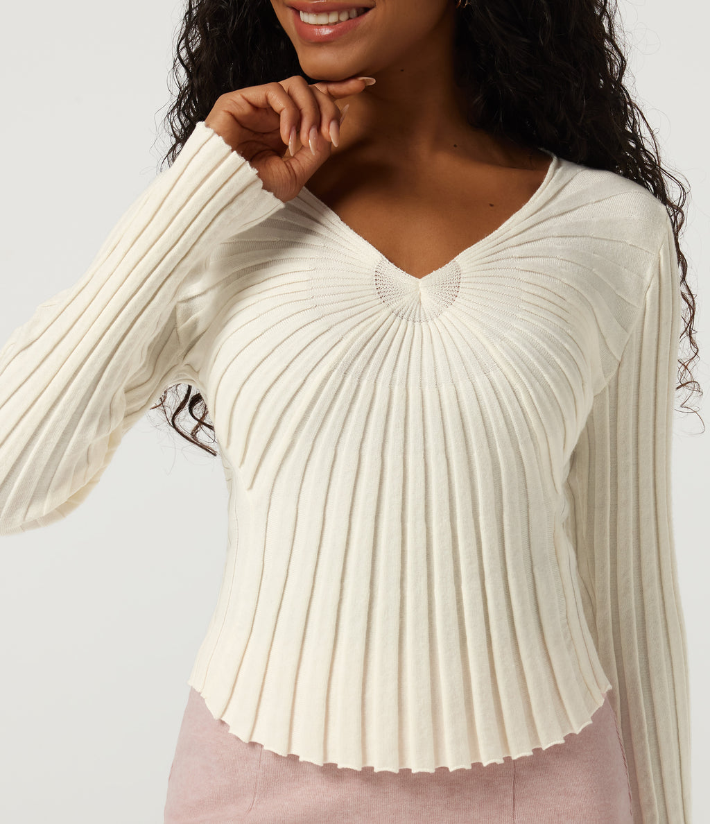 V Neck Long Sleeve Casual Jumper — White — view 5