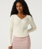 V Neck Long Sleeve Casual Jumper — White — view 4